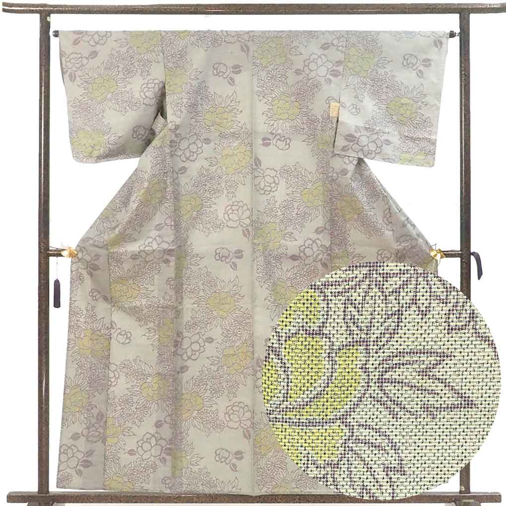 紬 リサイクル着物 身丈160cm 裄65cm 前幅23cm 後幅29cm 袖丈48cm 袖幅33cm レディース 単衣 花柄 裄Mサイズ 初夏・初秋用 正絹（シルク）グレー やや難 リメイク リユース【ランクB】