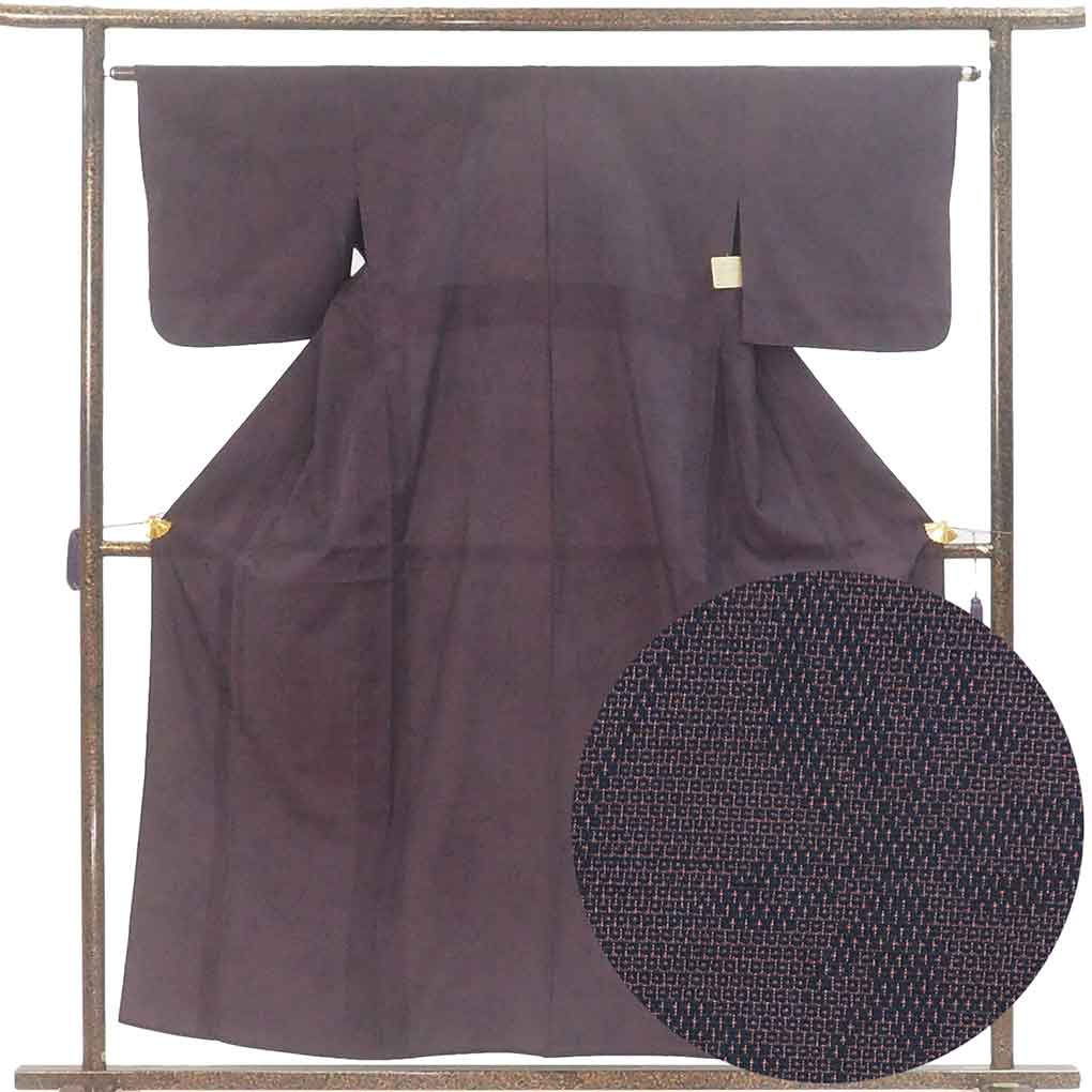 御召し リサイクル着物 身丈158cm 裄63cm 前幅26cm 後幅29.5cm 袖丈45cm 袖幅32.5cm レディース 単衣 絣模様 裄Mサイズ 初夏・初秋用 正絹（シルク）パープル 美品 リメイク リユース【ランクA】