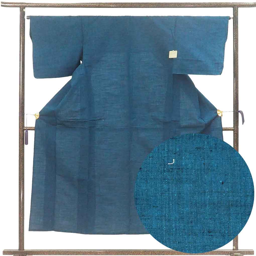 紬 リサイクル着物 身丈151cm 裄65cm 前幅23cm 後幅29cm 袖丈46cm 袖幅33cm レディース 単衣 無地 裄Mサイズ 初夏・初秋用 正絹（シルク）ネイビー やや難 リメイク リユース【ランクB】