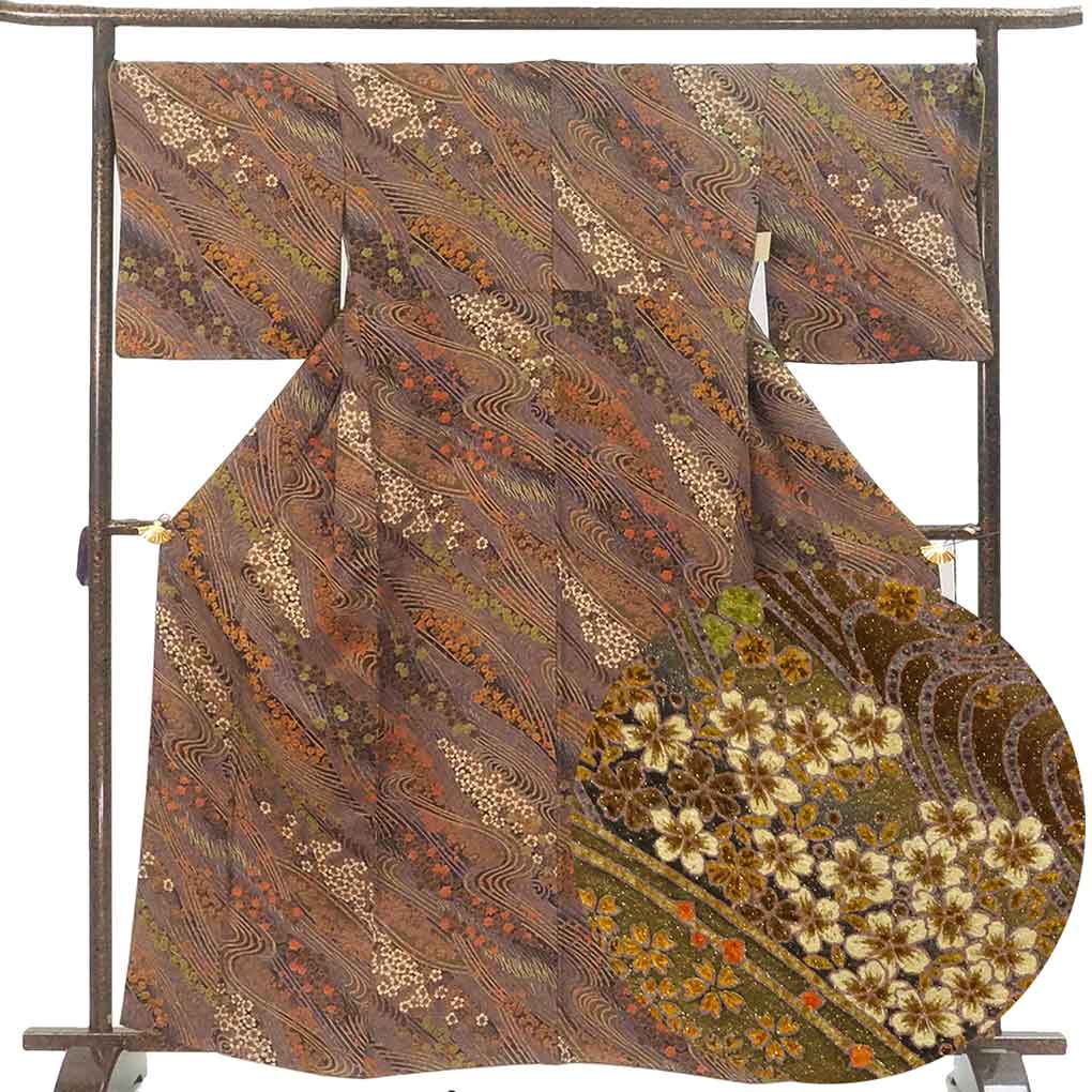 小紋 リサイクル着物 身丈165cm 裄70cm 前幅25cm 後幅30.5cm 袖丈49cm 袖幅36cm レディース 袷 花柄 裄長 裄L-LLサイズ 秋冬春用 正絹（シルク）ブラウン トールサイズ 美品 リメイク リユース【ランクA】