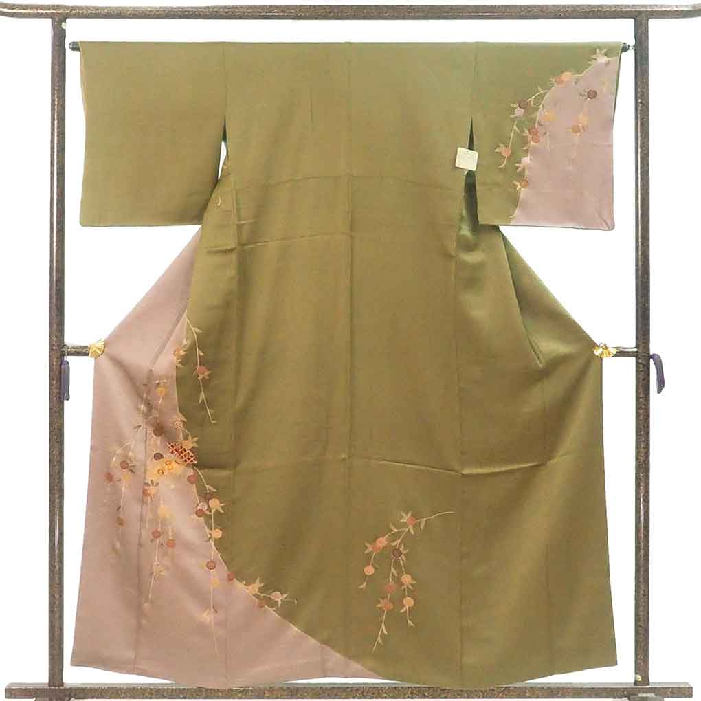 訪問着 リサイクル着物 身丈158cm 裄65cm 前幅23cm 後幅29cm 袖丈46cm 袖幅34cm レディース 袷 扇面 裄Mサイズ 秋冬春用 正絹（シルク）グリーン 美品 リメイク リユース【ランクA】