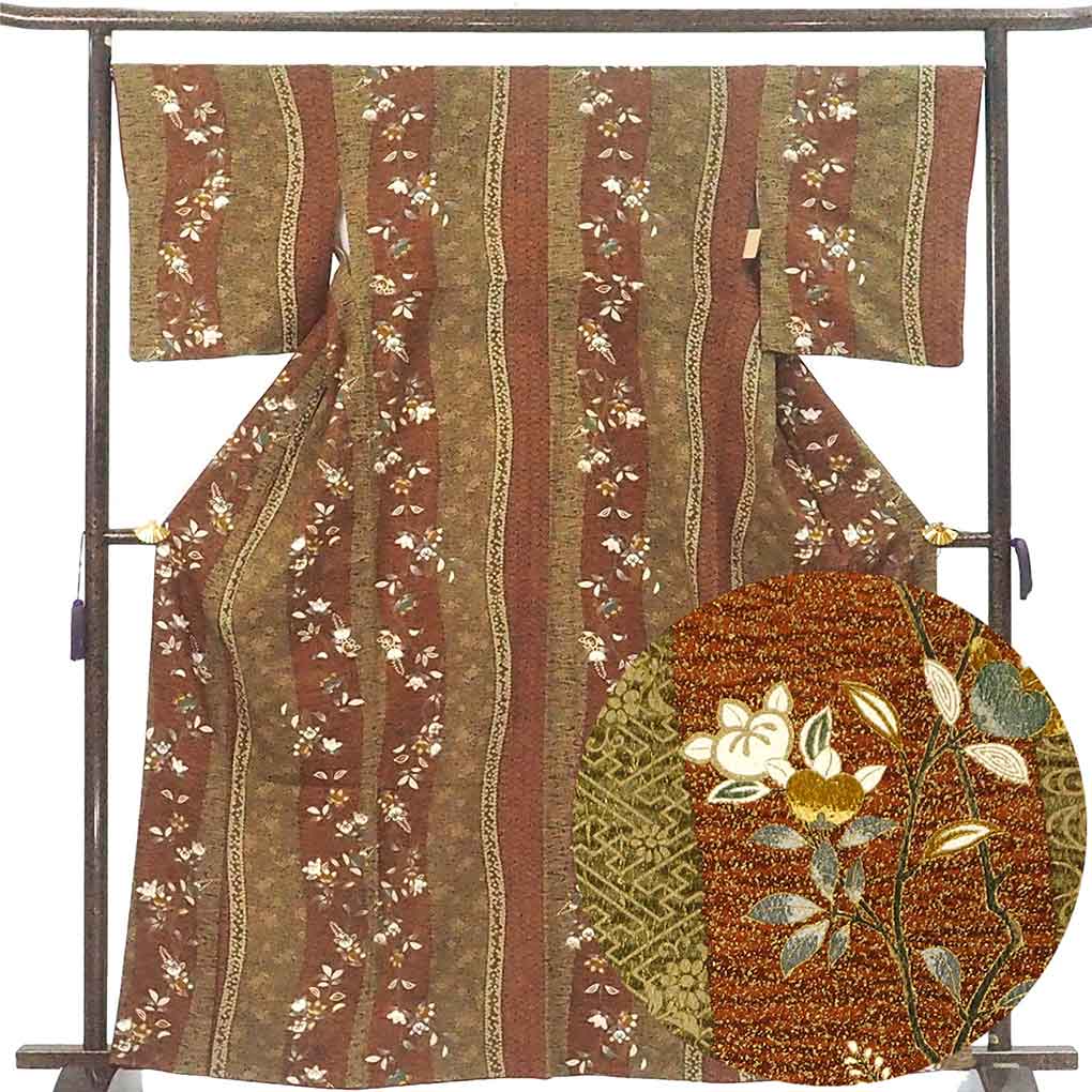 小紋 リサイクル着物 身丈163cm 裄68cm 前幅24.5cm 後幅29.5cm 袖丈48cm 袖幅34cm レディース 袷 橘 裄長 裄Lサイズ 秋冬春用 正絹（シルク）ブラウン 美品 リメイク リユース【ランクA】