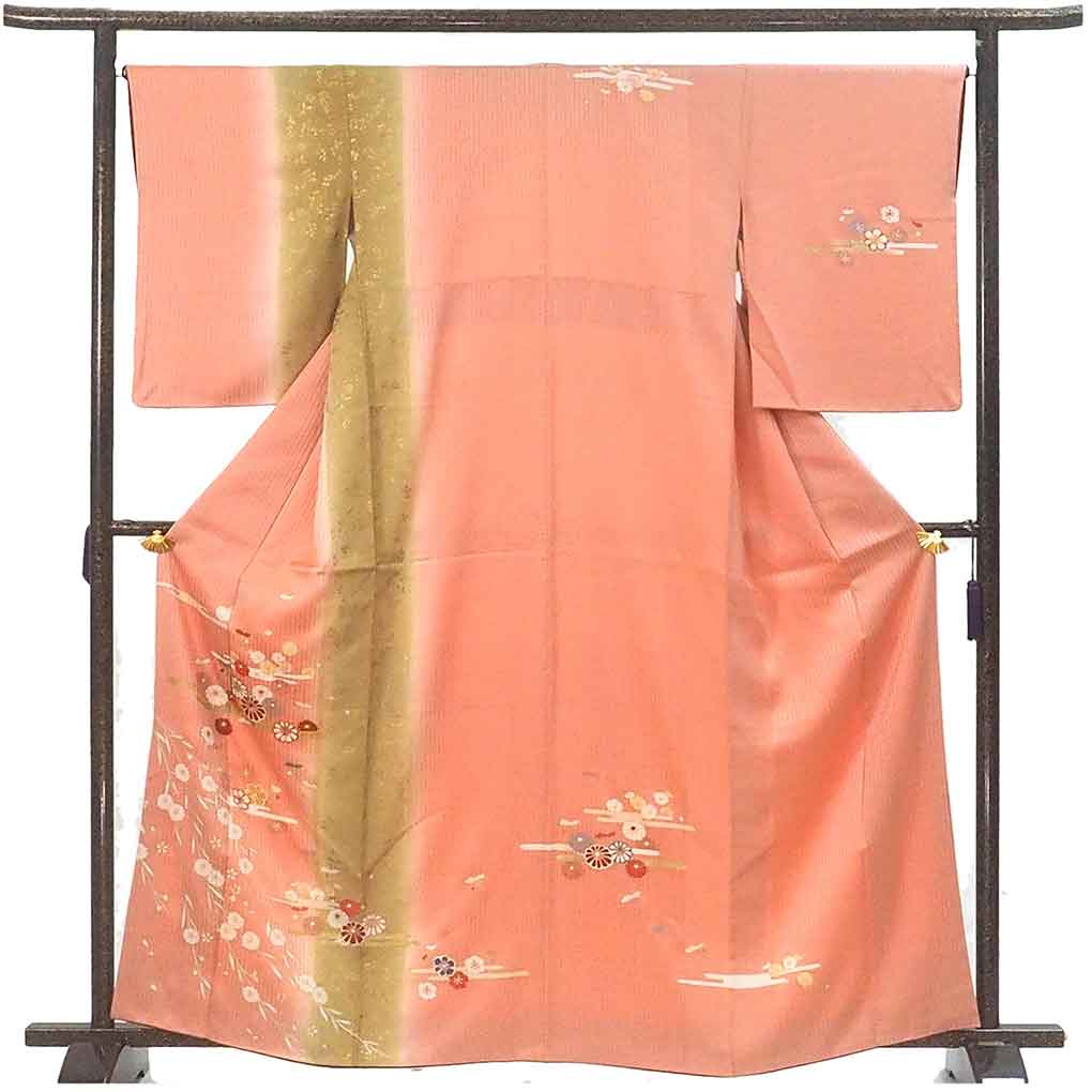 訪問着 リサイクル着物 身丈163cm 裄66cm 前幅24.5cm 後幅30cm 袖丈56cm 袖幅34cm レディース 袷 花柄 裄長 裄M-Lサイズ 秋冬春用 正絹（シルク）ピンク 美品 リメイク リユース【ランクA】