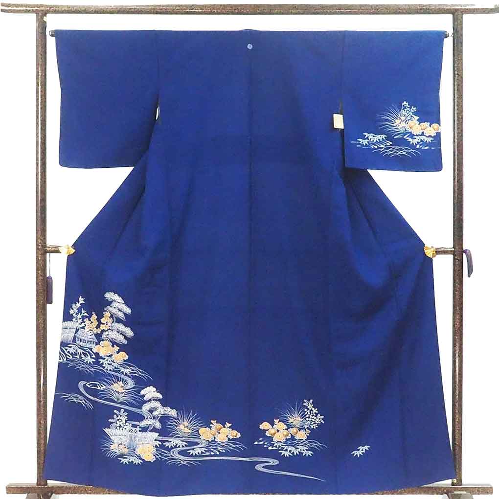 訪問着 リサイクル着物 身丈161cm 裄65cm 前幅25cm 後幅30.5cm 袖丈49cm 袖幅33cm レディース 袷 花柄 裄Mサイズ 秋冬春用 正絹（シルク）ネイビー やや難 リメイク リユース【ランクB】
