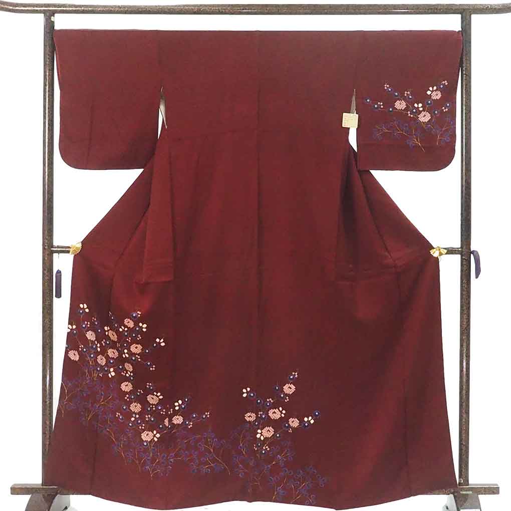 訪問着 リサイクル着物 身丈165cm 裄70cm 前幅26cm 後幅30cm 袖丈49cm 袖幅35cm レディース 袷 絞り 裄長 裄L-LLサイズ 秋冬春用 正絹（シルク）レッド トールサイズ 美品 リメイク リユース【ランクA】