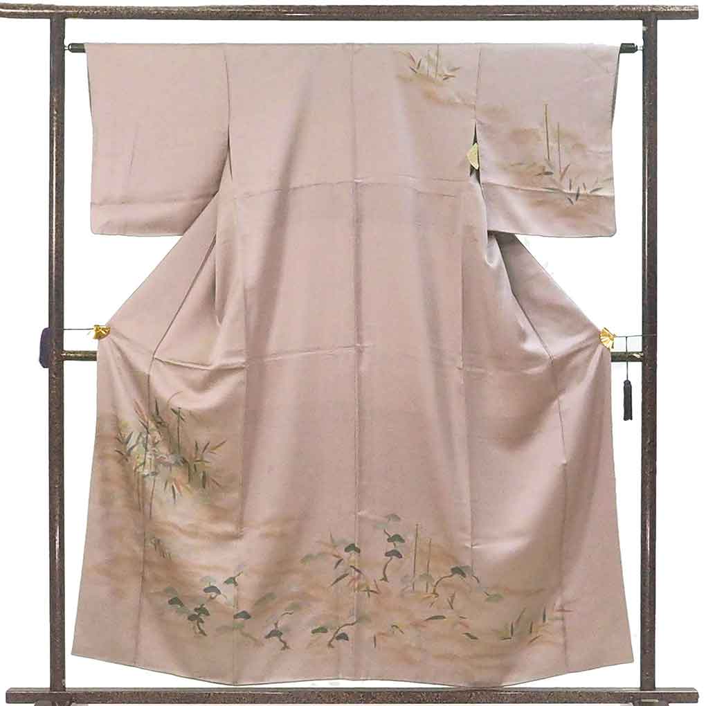 訪問着 リサイクル着物 身丈157cm 裄63cm 前幅24cm 後幅30cm 袖丈47cm 袖幅32cm レディース 袷 笹 裄Mサイズ 秋冬春用 正絹（シルク）パープル 美品 リメイク リユース【ランクA】