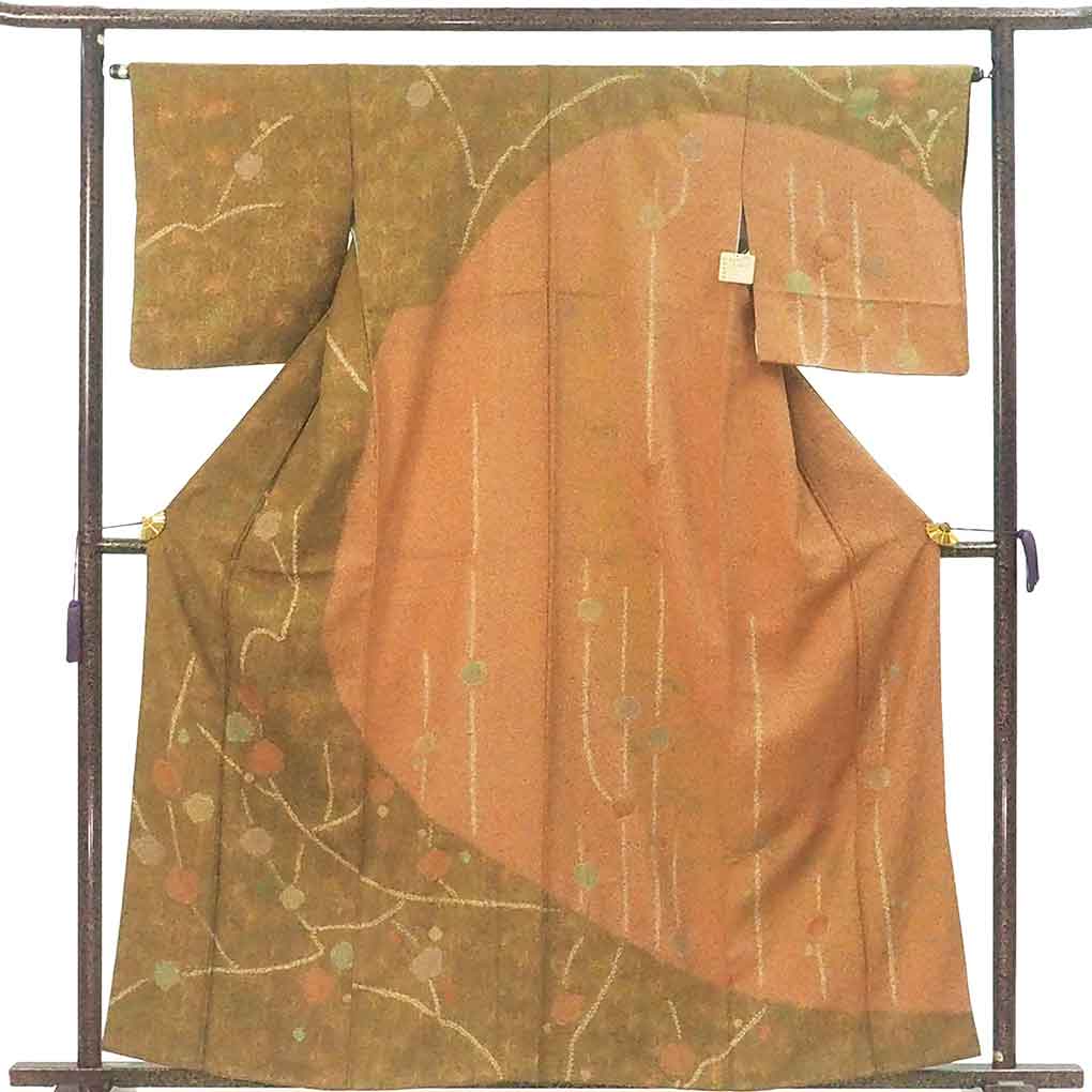 訪問着 リサイクル着物 身丈161cm 裄65cm 前幅24cm 後幅30cm 袖丈49cm 袖幅33cm レディース 袷 花柄 裄Mサイズ 秋冬春用 正絹（シルク）ブラウン 美品 リメイク リユース【ランクA】