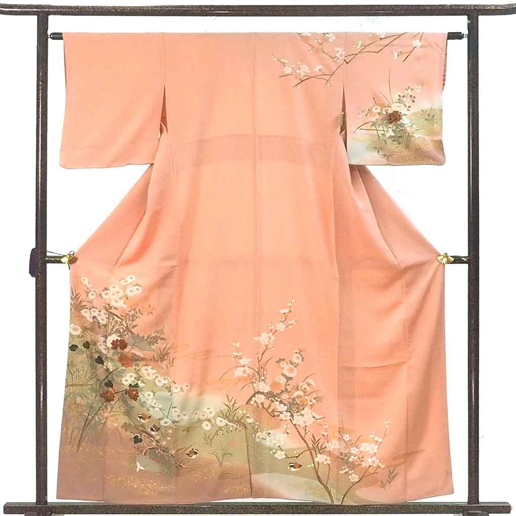 訪問着 リサイクル着物 身丈159cm 裄63cm 前幅24cm 後幅30cm 袖丈46cm 袖幅32cm レディース 袷 花柄 裄Mサイズ 秋冬春用 正絹（シルク）ピンク やや難 リメイク リユース【ランクB】