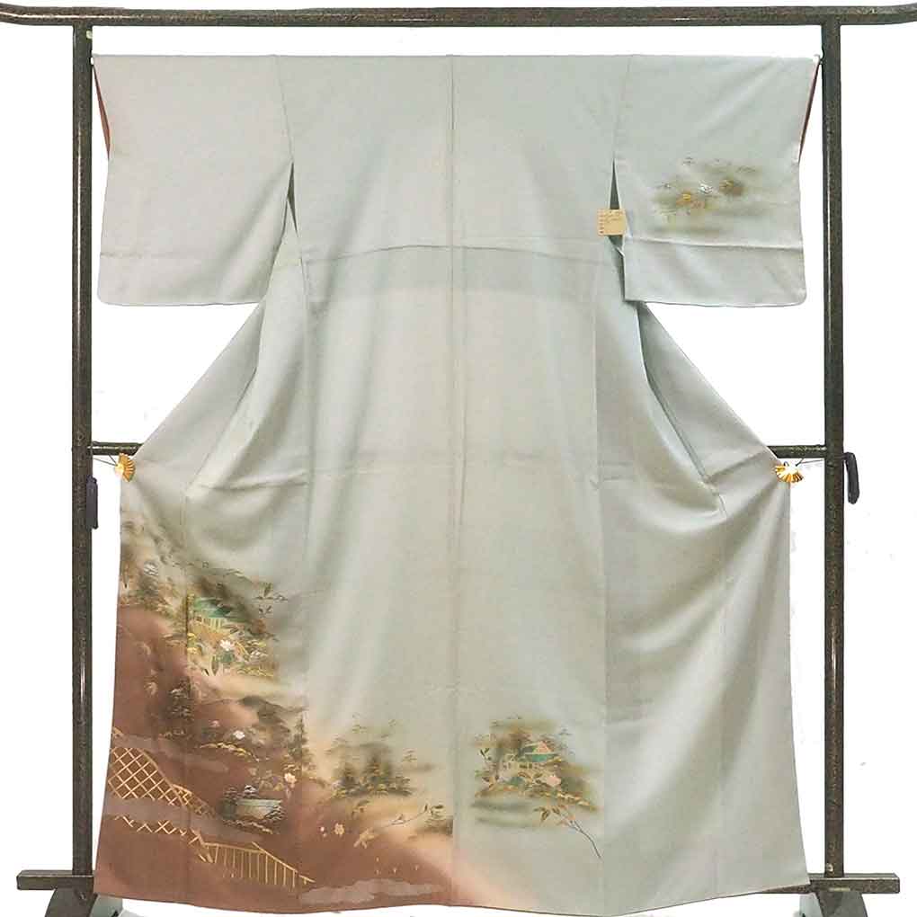 訪問着 リサイクル着物 身丈164cm 裄67cm 前幅24cm 後幅29cm 袖丈49cm 袖幅34cm レディース 袷 風景画 裄長 裄Lサイズ 秋冬春用 正絹（シルク）ブルー トールサイズ 未使用品 リメイク リユース【ランクS】