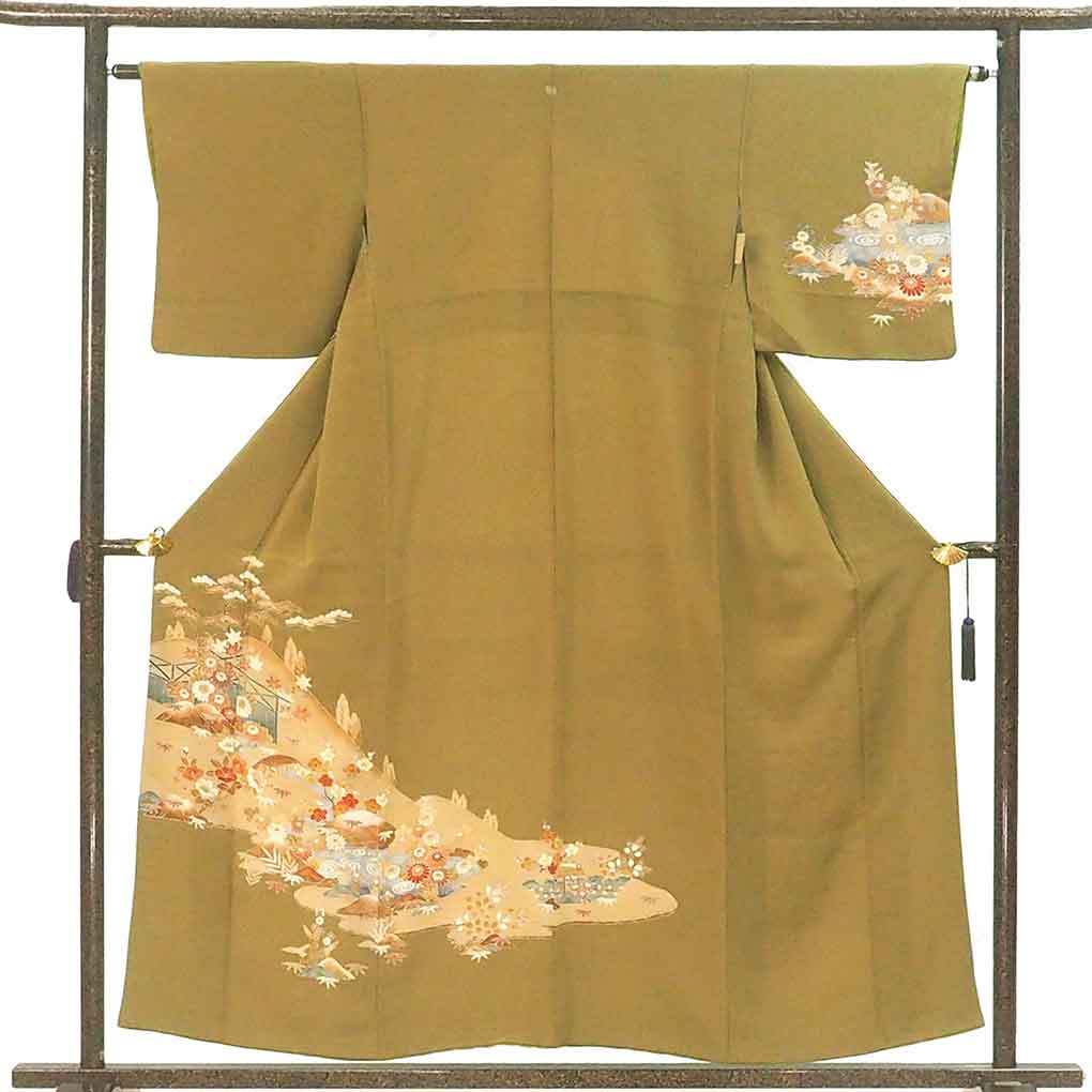 訪問着 リサイクル着物 身丈156cm 裄63cm 前幅25cm 後幅29cm 袖丈46cm 袖幅32cm レディース 袷 花柄 裄Mサイズ 秋冬春用 正絹（シルク）グリーン 美品 リメイク リユース【ランクA】