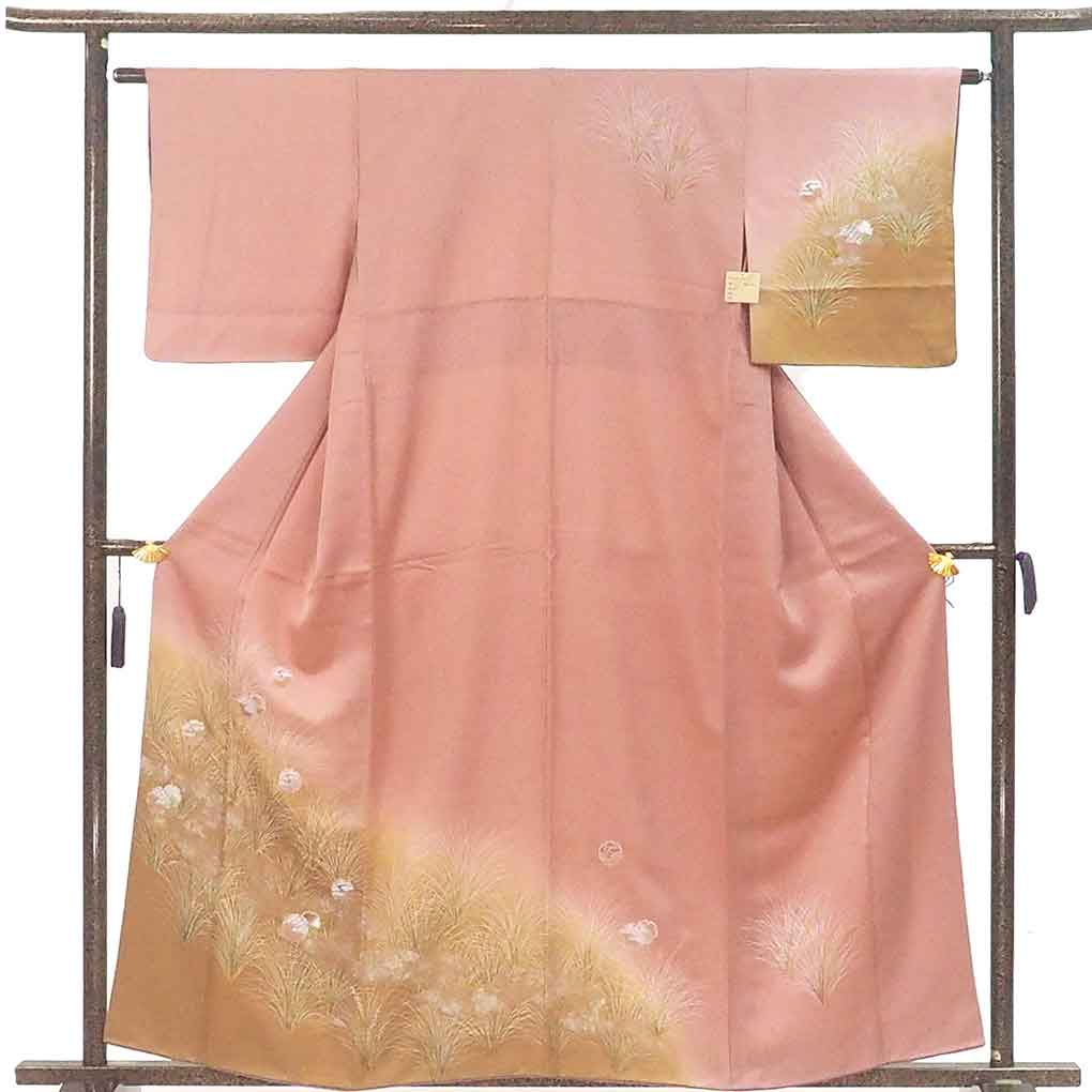 訪問着 リサイクル着物 身丈160cm 裄62cm 前幅25cm 後幅30cm 袖丈47cm 袖幅32cm レディース 袷 植物 裄Sサイズ 秋冬春用 正絹（シルク）ピンク やや難 リメイク リユース【ランクB】