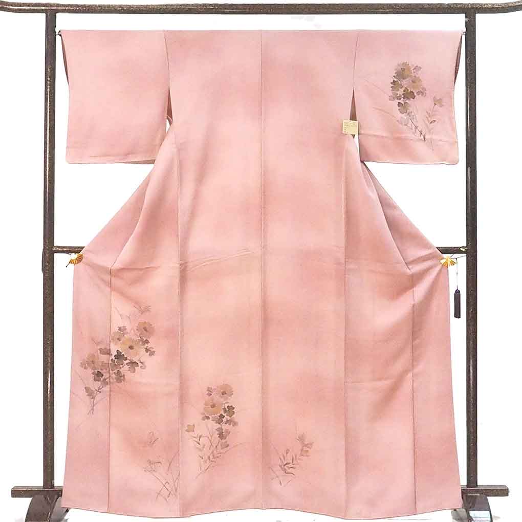 訪問着 リサイクル着物 身丈167cm 裄66cm 前幅24.5cm 後幅29.5cm 袖丈47cm 袖幅47cm レディース 袷 花柄 裄長 裄M-Lサイズ 秋冬春用 正絹（シルク）ピンク トールサイズ やや難 リメイク リユース【ランクB】