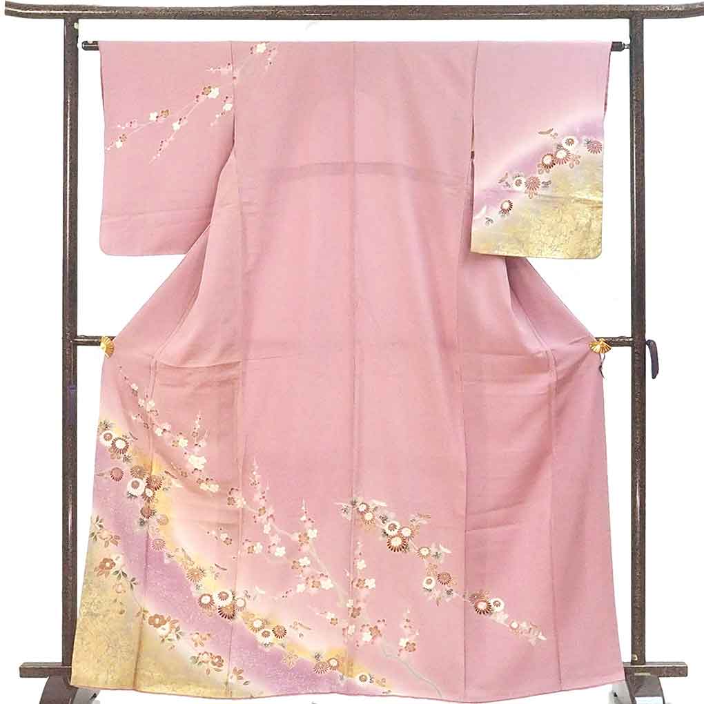 訪問着 リサイクル着物 身丈167cm 裄63cm 前幅24cm 後幅31cm 袖丈55cm 袖幅32cm レディース 袷 花柄 裄Mサイズ 秋冬春用 正絹（シルク）ピンク トールサイズ 美品 リメイク リユース【ランクA】