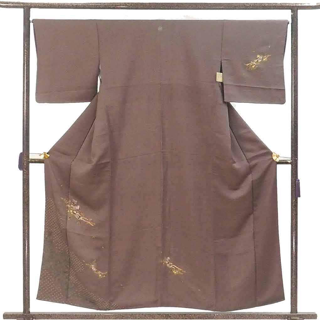 訪問着 リサイクル着物 身丈156cm 裄66cm 前幅23cm 後幅30cm 袖丈45cm 袖幅32cm レディース 袷 絞り 裄長 裄M-Lサイズ 秋冬春用 正絹（シルク）ブラウン 美品 リメイク リユース【ランクA】