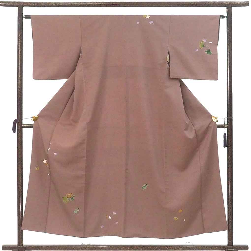付下 リサイクル着物 身丈153cm 裄63cm 前幅26.5cm 後幅30cm 袖丈45cm 袖幅32cm レディース 袷 花柄 裄Mサイズ 秋冬春用 正絹（シルク）ブラウン 美品 リメイク リユース【ランクA】