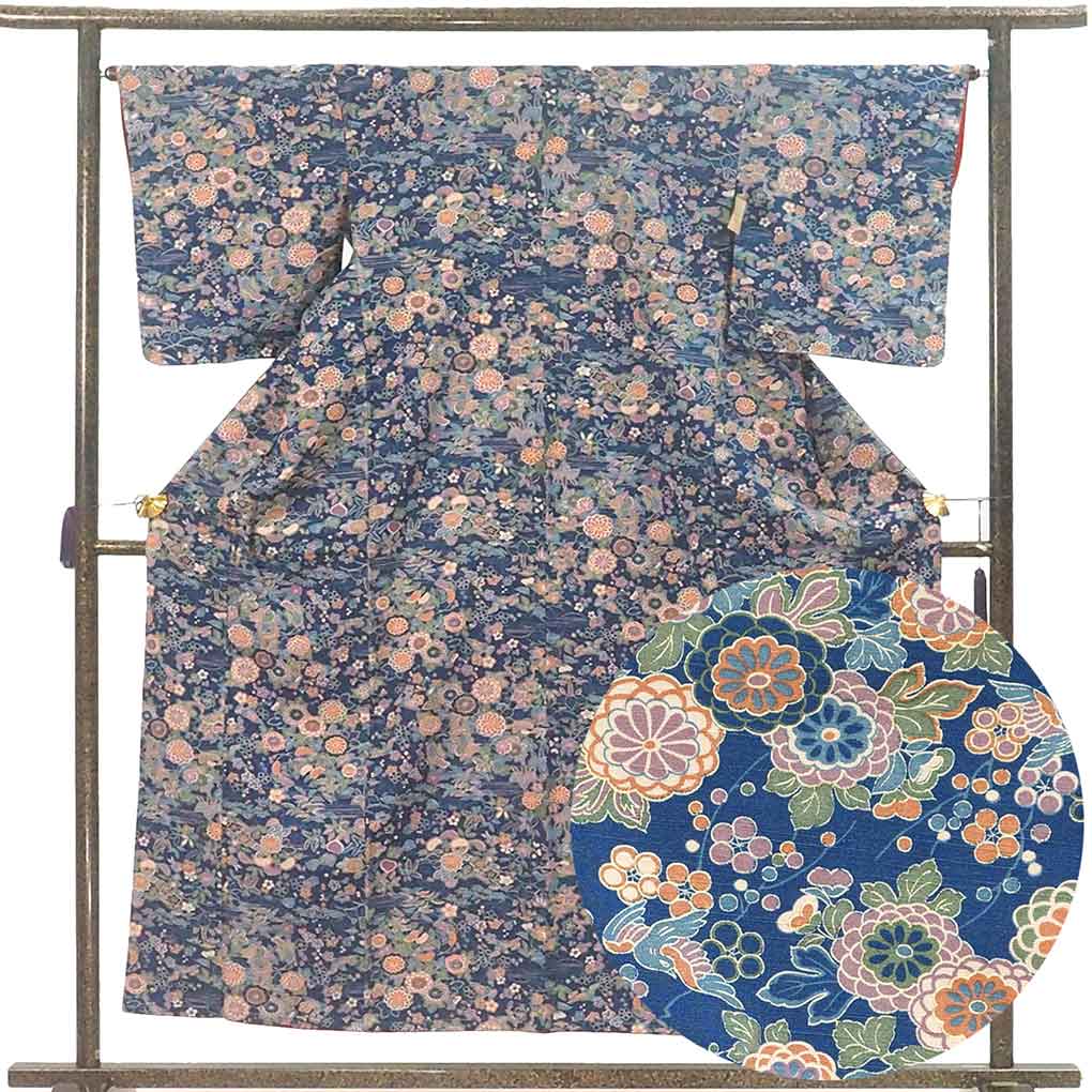 小紋 リサイクル着物 身丈155cm 裄65cm 前幅22.5cm 後幅29.5cm 袖丈49cm 袖幅33cm レディース 袷 花柄 裄Mサイズ 秋冬春用 正絹（シルク）ネイビー 未使用品 リメイク リユース【ランクS】