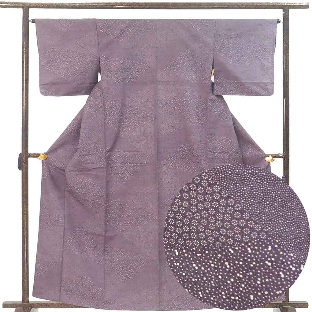 小紋 リサイクル着物 身丈161cm 裄65cm 前幅25cm 後幅30cm 袖丈45cm 袖幅32cm レディース 袷 江戸小紋 裄Mサイズ 秋冬春用 正絹（シルク）パープル 美品 リメイク リユース【ランクA】