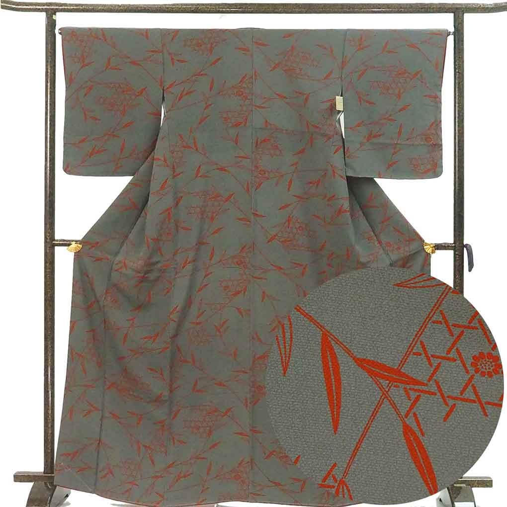 小紋 リサイクル着物 身丈167cm 裄65cm 前幅24.5cm 後幅30cm 袖丈52cm 袖幅34cm レディース 袷 笹 裄Mサイズ 秋冬春用 正絹（シルク）グレー トールサイズ 未使用品 リメイク リユース【ランクS】