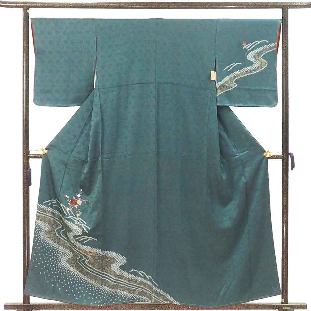 訪問着 リサイクル着物 身丈157cm 裄67cm 前幅27cm 後幅32cm 袖丈48cm 袖幅34cm レディース 袷 絞り 裄長 裄Lサイズ 秋冬春用 正絹（シルク）グリーン やや難 リメイク リユース【ランクB】