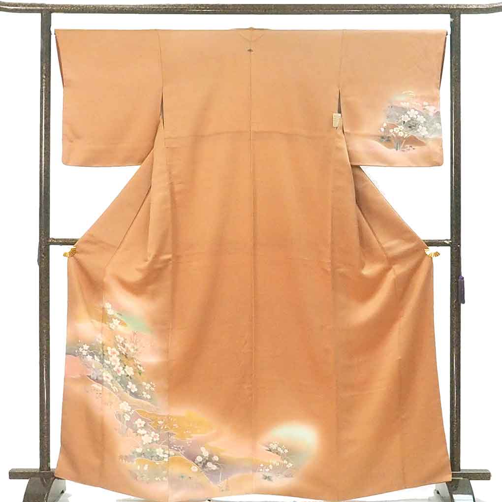 訪問着 リサイクル着物 身丈167cm 裄66cm 前幅25cm 後幅29.5cm 袖丈49cm 袖幅34cm レディース 袷 花柄 裄長 裄M-Lサイズ 秋冬春用 正絹（シルク）ブラウン トールサイズ 美品 リメイク リユース【ランクA】