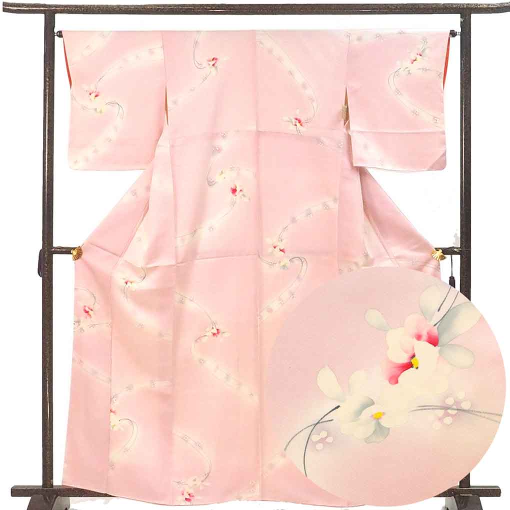 小紋 リサイクル着物 身丈163cm 裄65cm 前幅22.5cm 後幅30cm 袖丈49cm 袖幅32.5cm レディース 袷 花柄 裄Mサイズ 秋冬春用 正絹（シルク）ピンク 未使用品 リメイク リユース【ランクS】