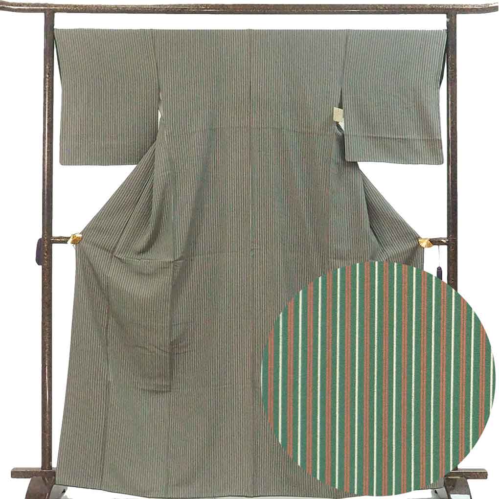 小紋 リサイクル着物 身丈167cm 裄68cm 前幅23.5cm 後幅30cm 袖丈49cm 袖幅34cm レディース 袷 縞 裄長 裄Lサイズ 秋冬春用 正絹（シルク）グリーン トールサイズ 美品 リメイク リユース【ランクA】