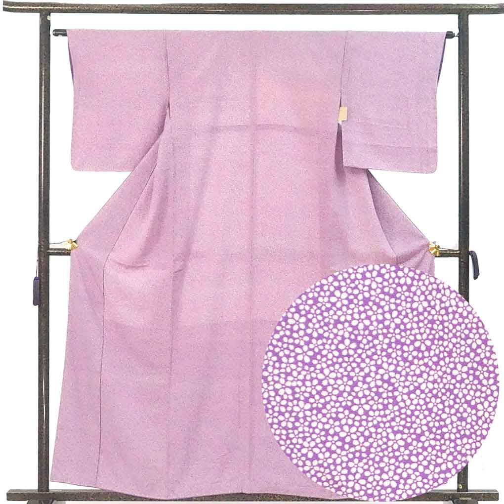 小紋 リサイクル着物 身丈159cm 裄63cm 前幅24cm 後幅28cm 袖丈49cm 袖幅32.5cm レディース 袷 花柄 裄Mサイズ 秋冬春用 正絹（シルク）パープル 美品 リメイク リユース【ランクA】