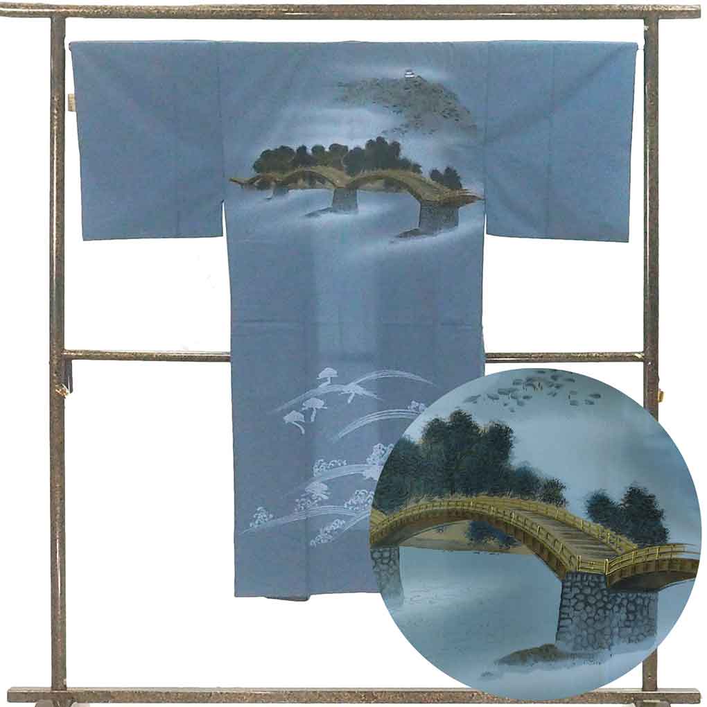 男物長襦袢 リサイクル着物 襦袢丈132cm 裄67cm 袖丈48cm 袖幅34.5cm メンズ 胴抜袖無双 錦帯橋 裄長 裄Lサイズ 秋冬春用 ポリエステル ブルー 美品 リメイク リユース【ランクA】