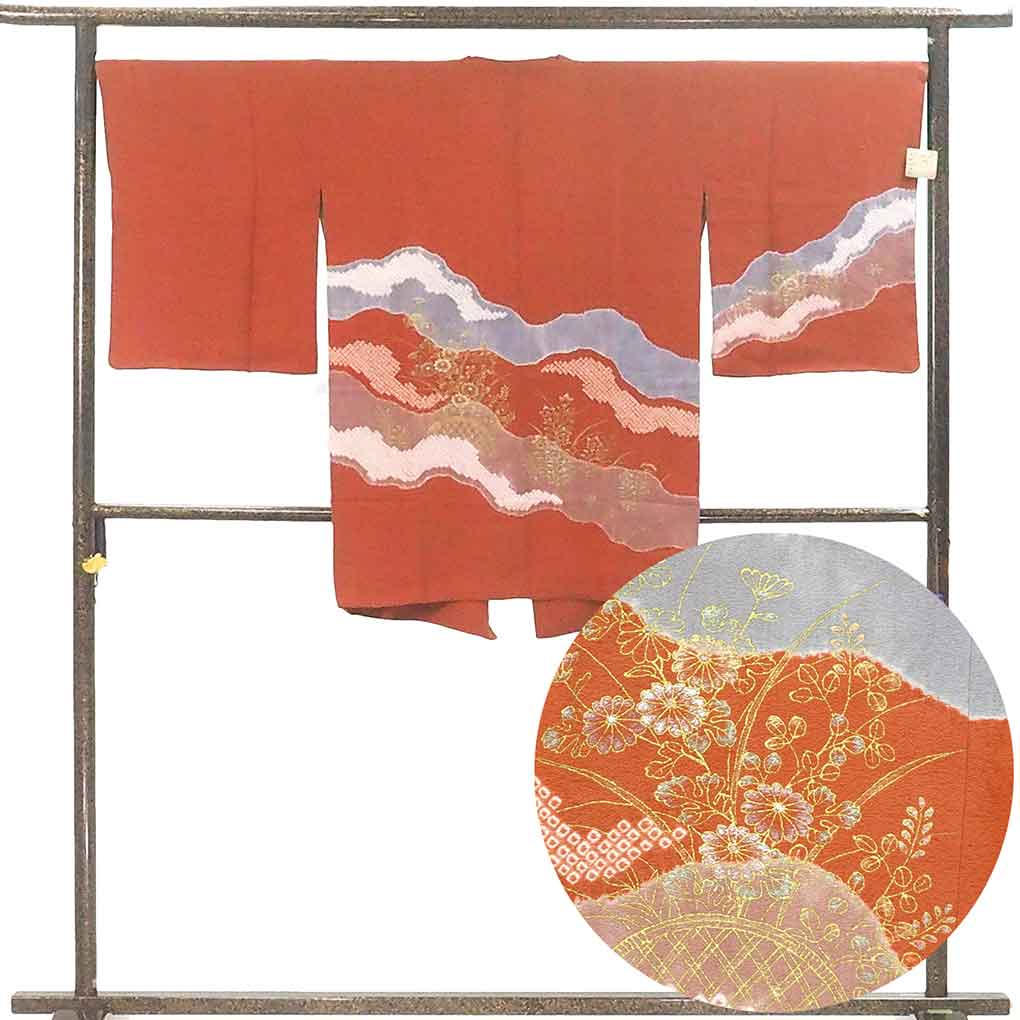 コート リサイクル着物 コート丈91cm 裄68cm 袖丈53cm 袖幅35cm レディース 袷 絞り 裄長 裄Lサイズ 秋冬春用 正絹（シルク）ブラウン 未使用品 リメイク リユース【ランクS】