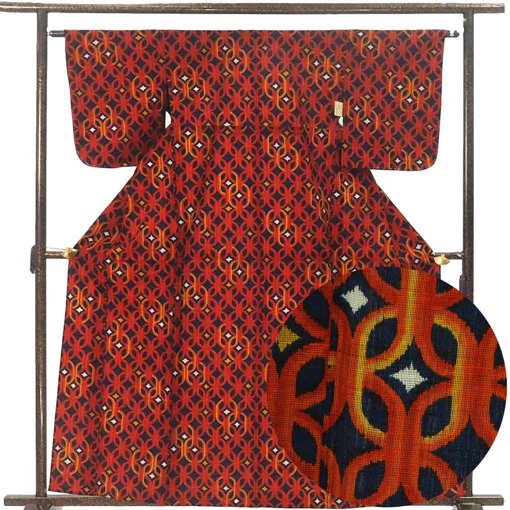 ウールアンサンブル リサイクル着物 羽織丈75cm 身丈162cm 裄62cm 前幅25cm 後幅30cm 袖丈49cm 袖幅32cm レディース 袷 連続模様 裄Sサイズ 秋冬春用 正絹（シルク）ネイビー 未使用品 リメイク リユース【ランクS】