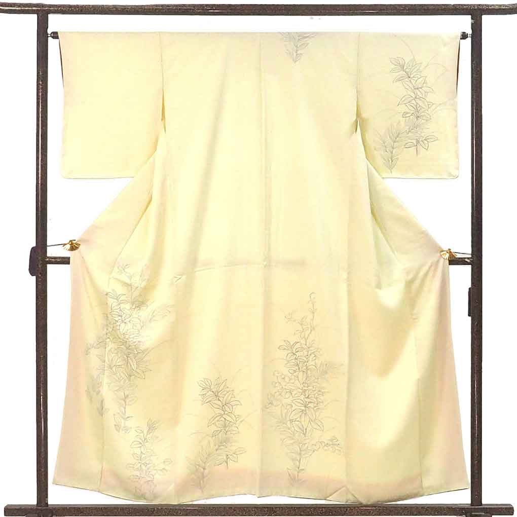 訪問着 リサイクル着物 身丈156cm 裄65cm 前幅26cm 後幅32cm 袖丈49cm 袖幅32cm レディース 袷 花柄 裄Mサイズ 秋冬春用 正絹（シルク）グリーン やや難 リメイク リユース【ランクB】