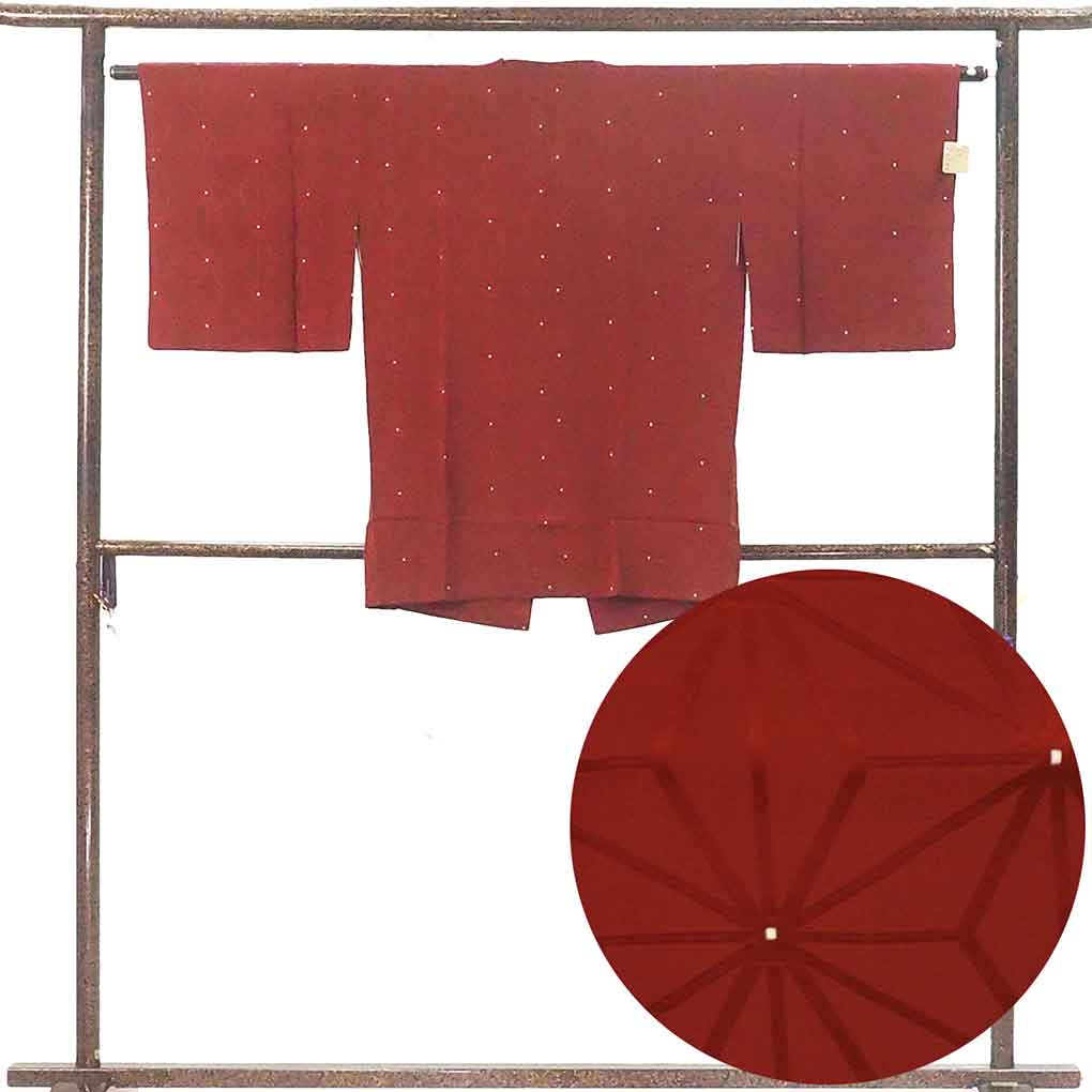 コート リサイクル着物 コート丈83cm 裄63cm 袖丈45cm 袖幅33cm レディース 袷 麻の葉 裄Mサイズ 秋冬春用 正絹（シルク）レッド 美品 リメイク リユース【ランクA】