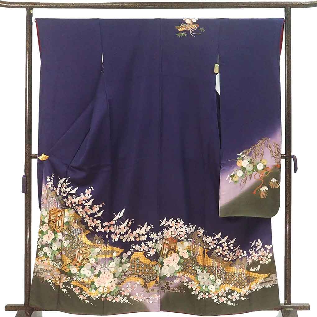 振袖と長襦袢セット リサイクル着物 身丈162cm 裄67cm 前幅26cm 後幅31cm 袖丈108cm 袖幅34cm レディース 袷 御所車 裄長 裄Lサイズ 秋冬春用 正絹（シルク）パープル 美品 リメイク リユース【ランクA】