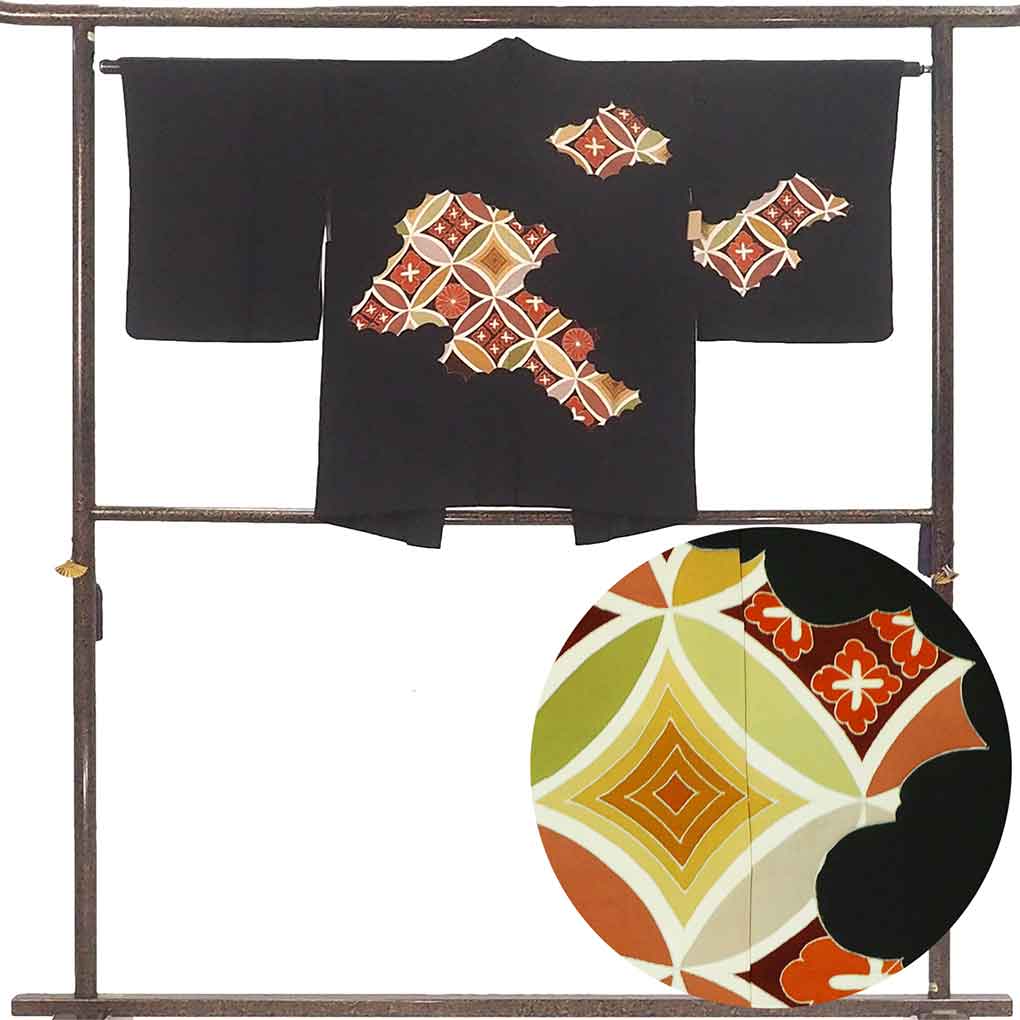 羽織 リサイクル着物 羽織丈75cm 裄64cm 袖丈47cm 袖幅33cm レディース 袷 七宝 裄Mサイズ 秋冬春用 正絹（シルク）ブラック 美品 リメイク リユース【ランクA】