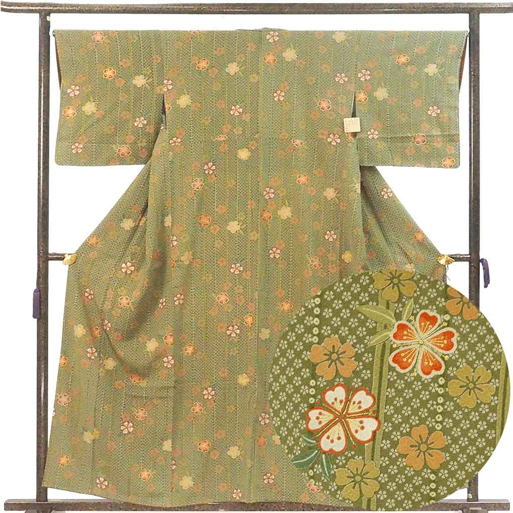 小紋 リサイクル着物 身丈158cm 裄66cm 前幅28cm 後幅30cm 袖丈47cm 袖幅34cm レディース 袷 花柄 裄長 裄M-Lサイズ 秋冬春用 正絹（シルク）グリーン 美品 リメイク リユース【ランクA】