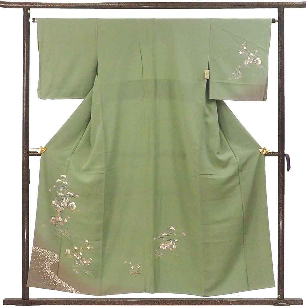 訪問着 リサイクル着物 身丈156cm 裄64cm 前幅25cm 後幅31.5cm 袖丈46cm 袖幅33cm レディース 袷 花柄 裄Mサイズ 秋冬春用 正絹（シルク）グリーン 未使用品 リメイク リユース【ランクS】
