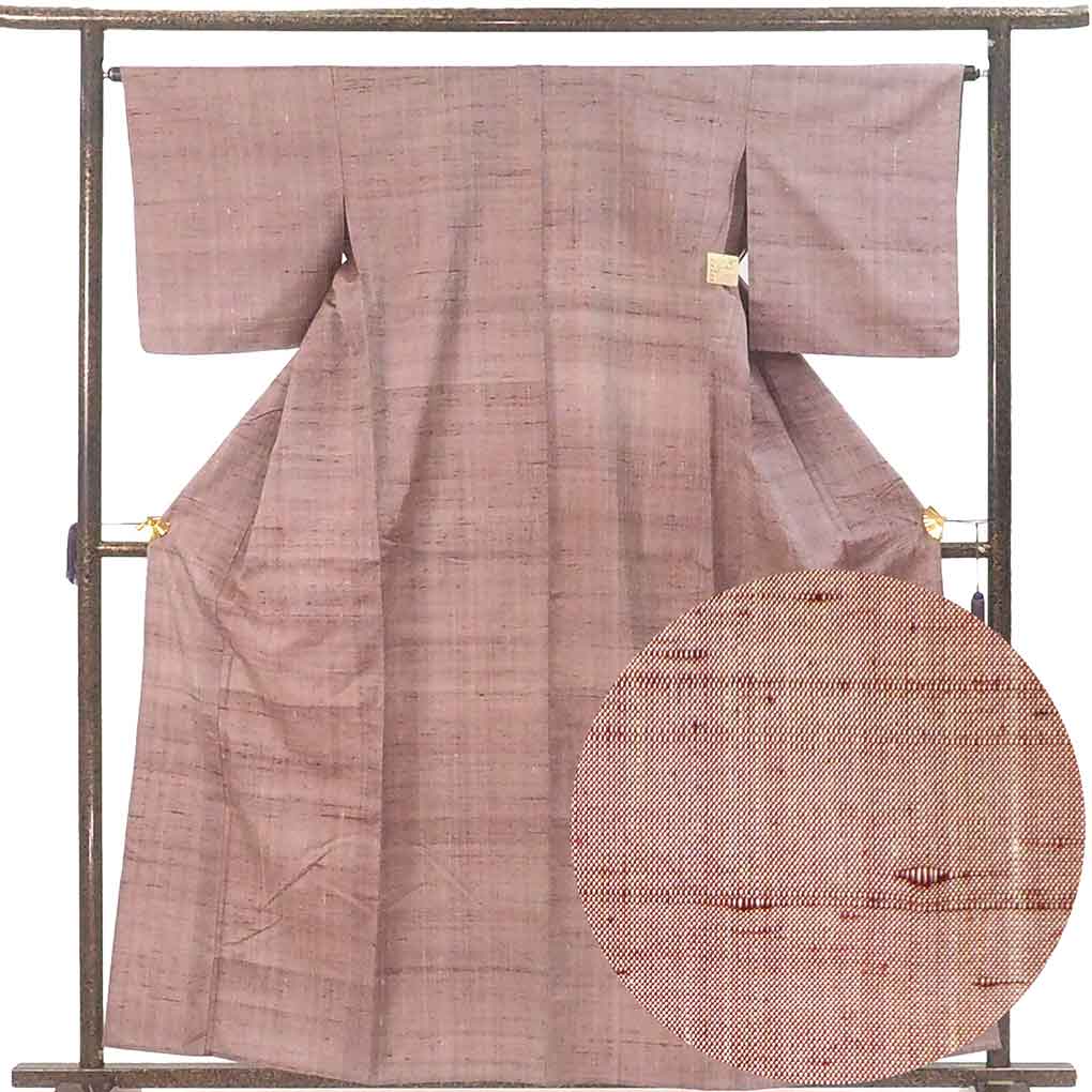 紬 リサイクル着物 身丈161cm 裄64cm 前幅27cm 後幅31cm 袖丈47cm 袖幅32cm レディース 単衣 無地 裄Mサイズ 初夏・初秋用 正絹（シルク）ブラウン やや難 リメイク リユース【ランクB】