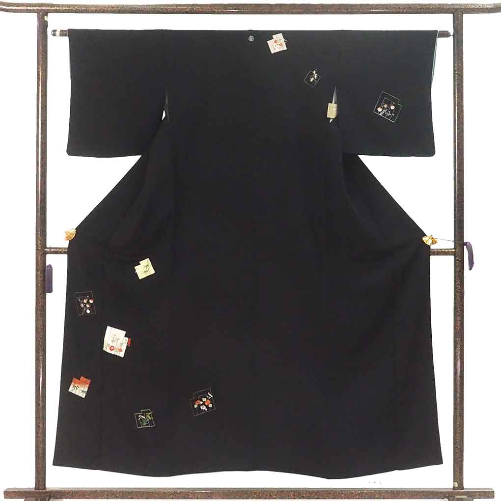 付下 リサイクル着物 身丈154cm 裄62cm 前幅24.5cm 後幅28cm 袖丈45cm 袖幅32cm レディース 袷 源氏香 裄Sサイズ 秋冬春用 正絹（シルク）ブラック やや難 リメイク リユース【ランクB】