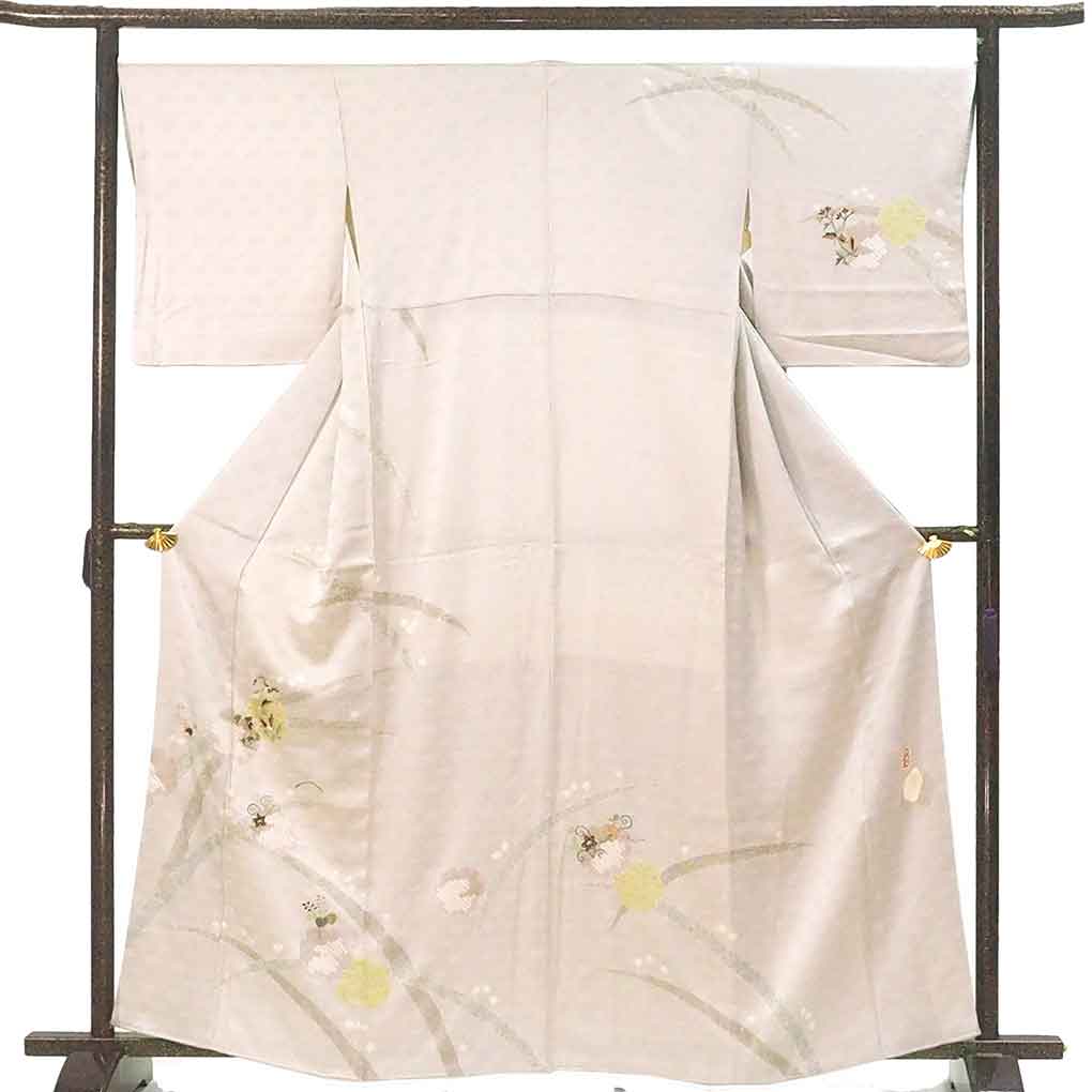 訪問着 リサイクル着物 身丈163cm 裄68cm 前幅25cm 後幅30cm 袖丈49cm 袖幅34cm レディース 袷 雪輪 裄長 裄Lサイズ 秋冬春用 正絹（シルク）グレー 美品 リメイク リユース【ランクA】