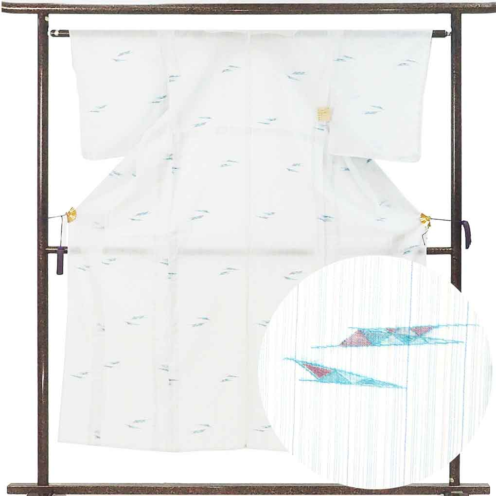 小紋 リサイクル着物 身丈150cm 裄62cm 前幅24cm 後幅29cm 袖丈47cm 袖幅32cm レディース 抽象柄 裄Sサイズ 夏用 ポリエステル ブルー 美品 リメイク リユース【ランクA】