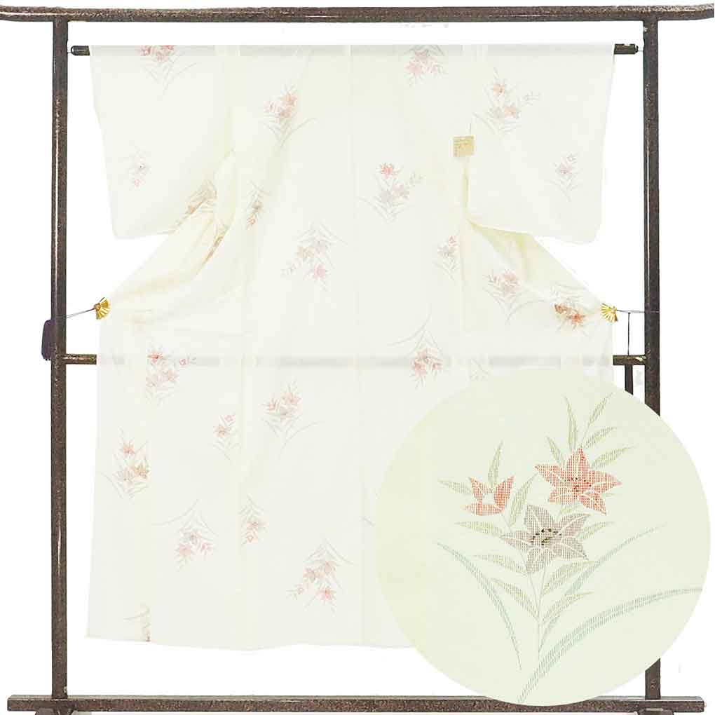 小紋 リサイクル着物 身丈150cm 裄63cm 前幅23cm 後幅30cm 袖丈49cm 袖幅32.5cm レディース 桔梗 裄Mサイズ 夏用 ポリエステル ホワイト 美品 リメイク リユース【ランクA】
