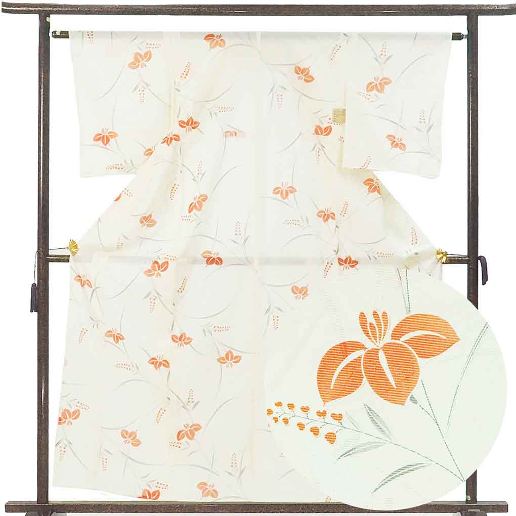 小紋 リサイクル着物 身丈159cm 裄63cm 前幅23.5cm 後幅28cm 袖丈49.5cm 袖幅32.5cm レディース 菖蒲 裄Mサイズ 夏用 ポリエステル ホワイト やや難 リメイク リユース【ランクB】