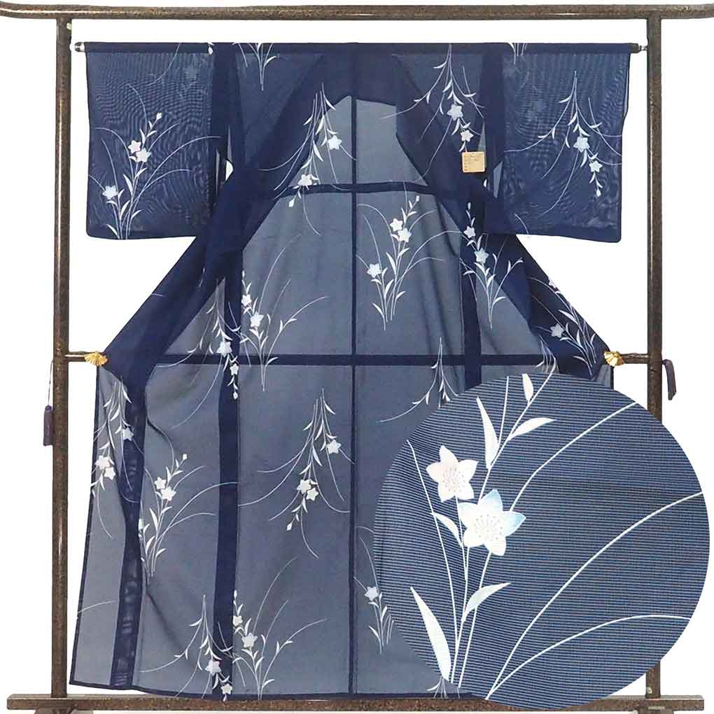 小紋 リサイクル着物 身丈158cm 裄64cm 前幅24cm 後幅30cm 袖丈49cm 袖幅33cm レディース 桔梗 裄Mサイズ 夏用 ポリエステル ネイビー 美品 リメイク リユース【ランクA】