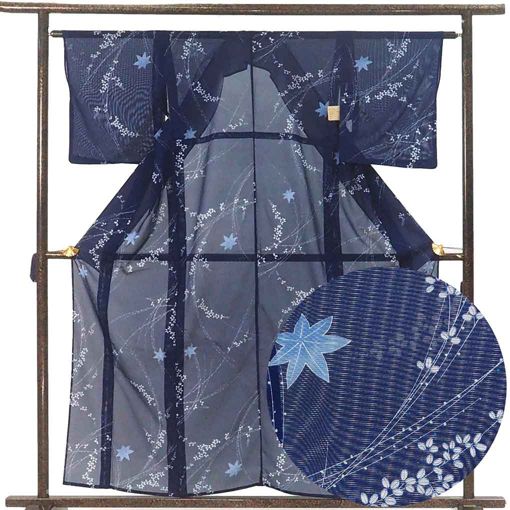 小紋 リサイクル着物 身丈159cm 裄63cm 前幅23.5cm 後幅28cm 袖丈47cm 袖幅32cm レディース 萩柄 裄Mサイズ 夏用 ポリエステル ネイビー やや難 リメイク リユース【ランクB】