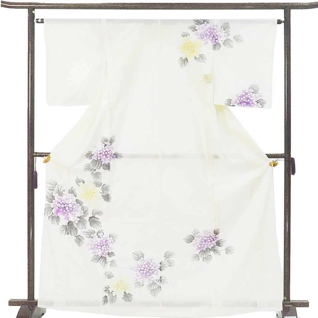 訪問着 リサイクル着物 身丈167cm 裄64cm 前幅23cm 後幅30cm 袖丈49cm 袖幅33cm レディース 紫陽花 裄Mサイズ 夏用 ポリエステル ホワイト トールサイズ やや難 リメイク リユース【ランクB】