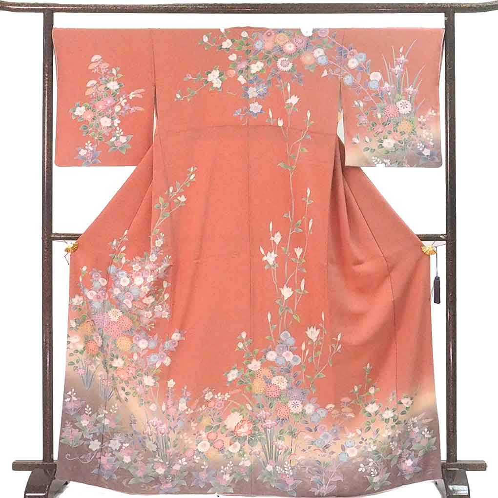 訪問着 リサイクル着物 身丈170cm 裄68cm 前幅24.5cm 後幅30.5cm 袖丈50cm 袖幅34cm レディース 袷 花柄 裄長 裄Lサイズ 秋冬春用 正絹（シルク）ピンク トールサイズ 美品 リメイク リユース【ランクA】