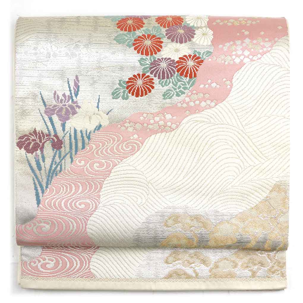 袋帯 リサイクル帯 幅30cm 長さ425cm レディース 菊 秋冬春用 正絹（シルク）シルバー 美品 リメイク リユース【ランクA】