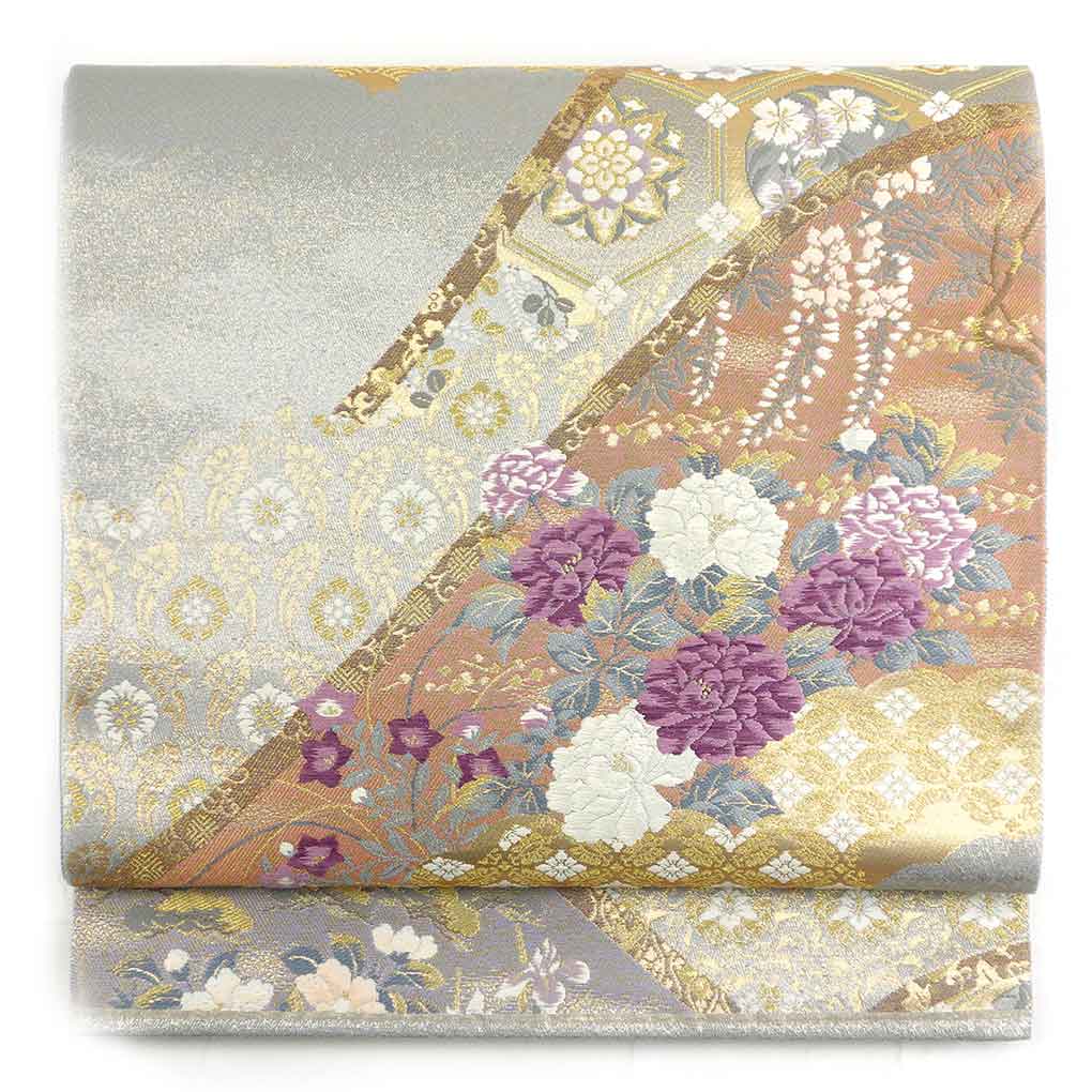 袋帯 リサイクル帯 幅31cm 長さ438cm レディース 四季の花柄 秋冬春用 正絹（シルク）グレー 美品 帝王紫 リメイク リユース【ランクA】