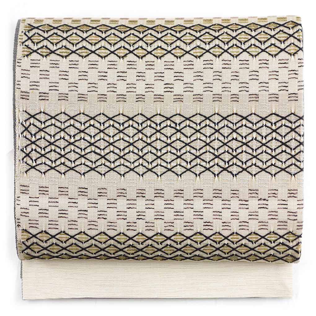 袋帯 リサイクル帯 幅31cm 長さ463cm レディース 横段柄 秋冬春用 正絹（シルク）ベージュ 美品 リメイク リユース【ランクA】