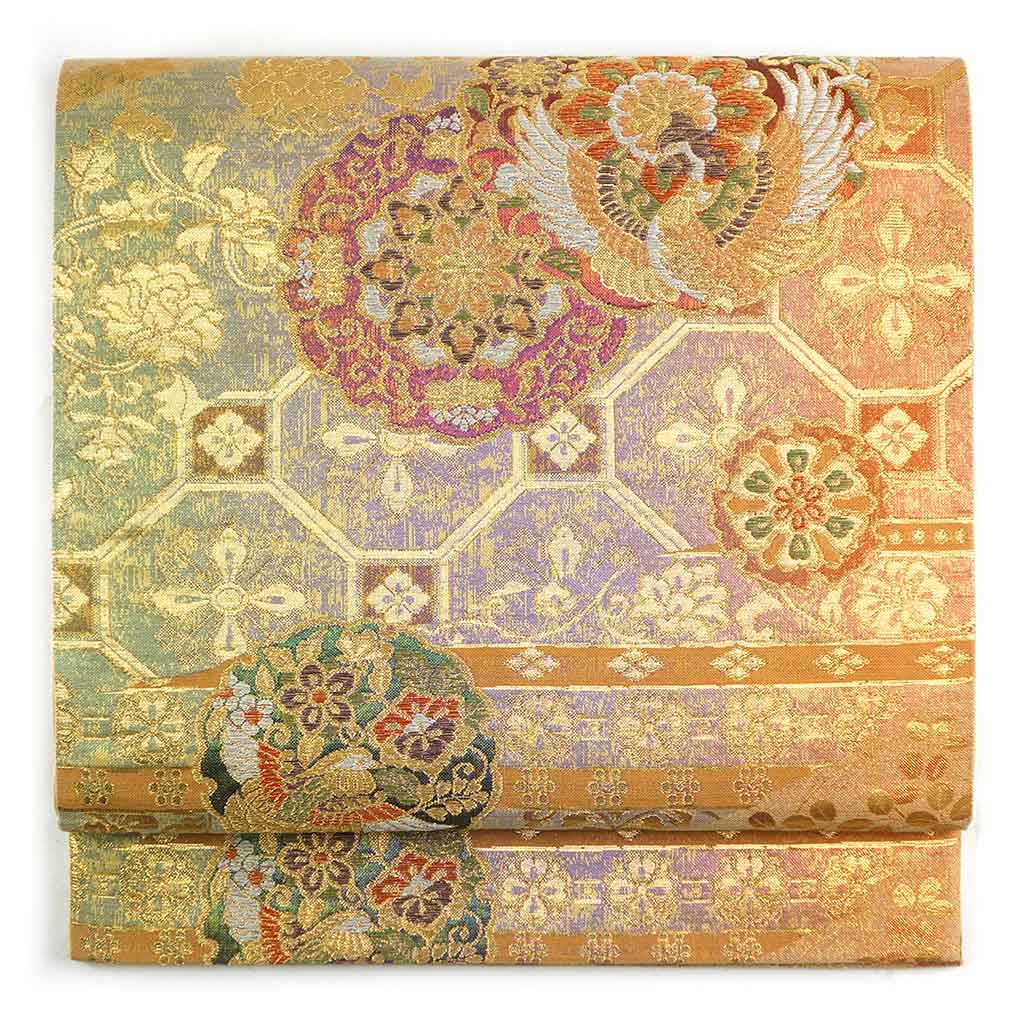 袋帯 リサイクル帯 幅30cm 長さ435cm レディース 蜀江 秋冬春用 正絹（シルク）ゴールド 美品 リメイク リユース【ランクA】